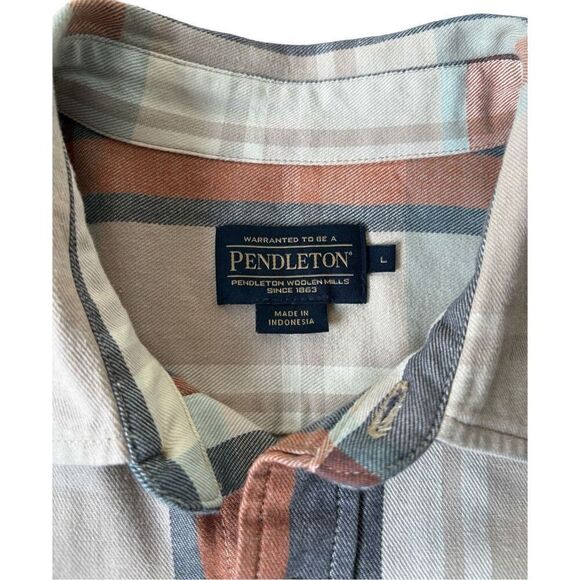 Pendleton Men’s Button Down Plaid Shirt size L Cotton Cream Blue Brown Modern - Picture 3 of 7
